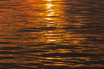 Golden sunset reflection on rippling water surface