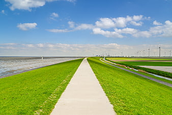 Perspective view of a dike path with wind turbines and blue sky