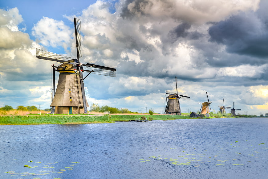 Traditional Dutch Windmills at Kinderdijk Netherlands Landscape