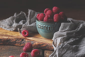 Rustic Bowl of Raspberries with Grateful Message