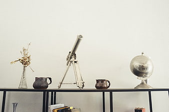 Minimalist shelf with telescope, globe, and dried flowers