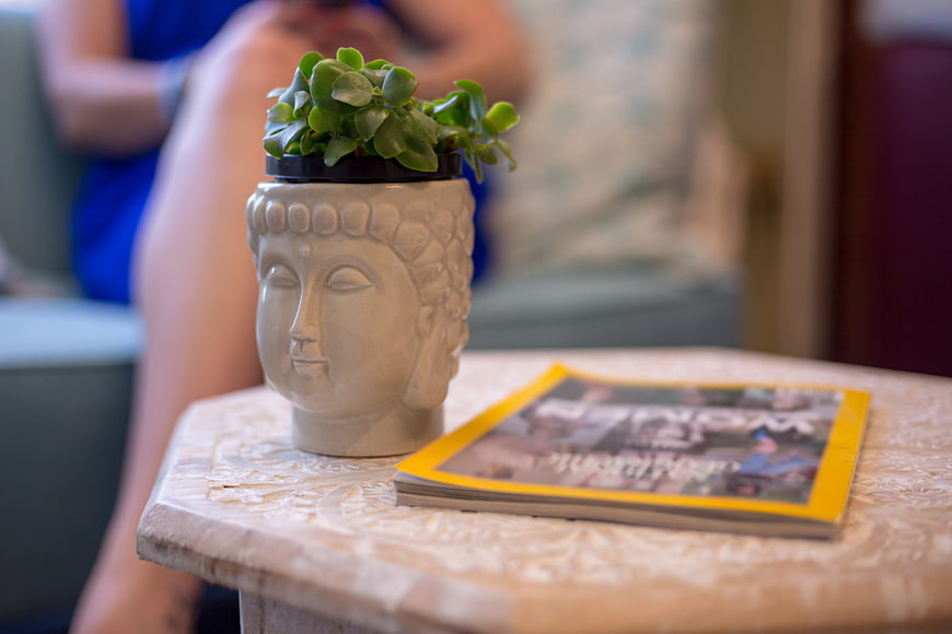 Buddha Head Planter with Succulent on Decorative Table