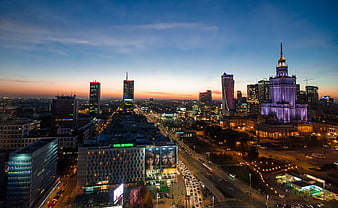 Warsaw Skyline at Dusk with Palace of Culture and Science