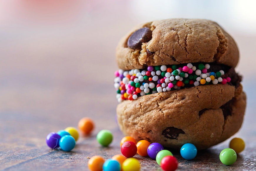 Chocolate Chip Cookie Sandwich with Sprinkles and Candy