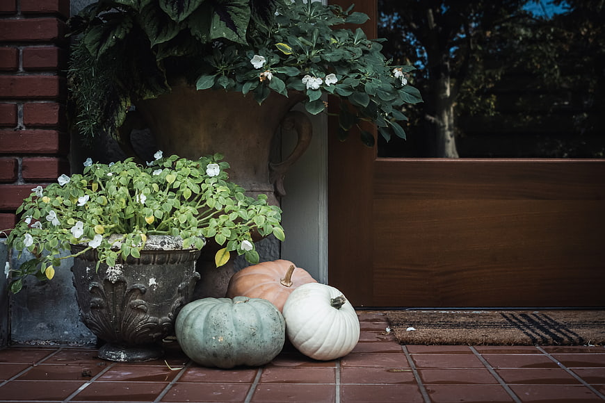 Autumn Pumpkins and Potted Plants on a Brick Porch