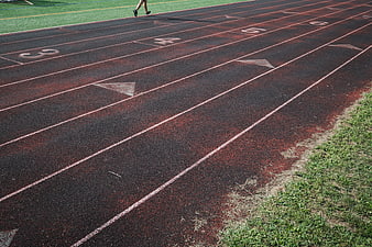 Red Running Track Lanes with White Lines and Grass