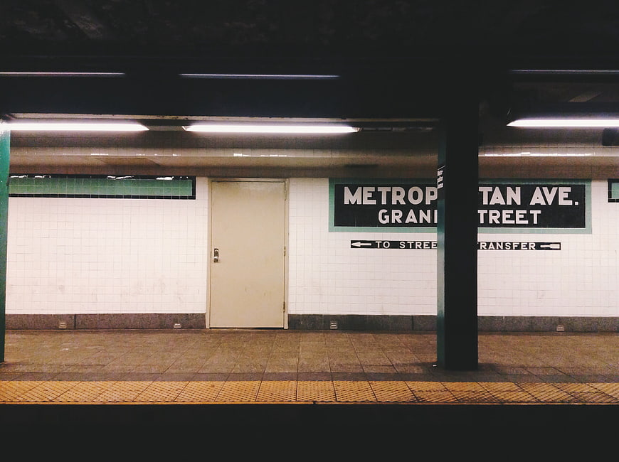 Empty Metropolitan Avenue subway station platform in New York City