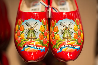 Red Wooden Clogs with Tulips and Windmill Design