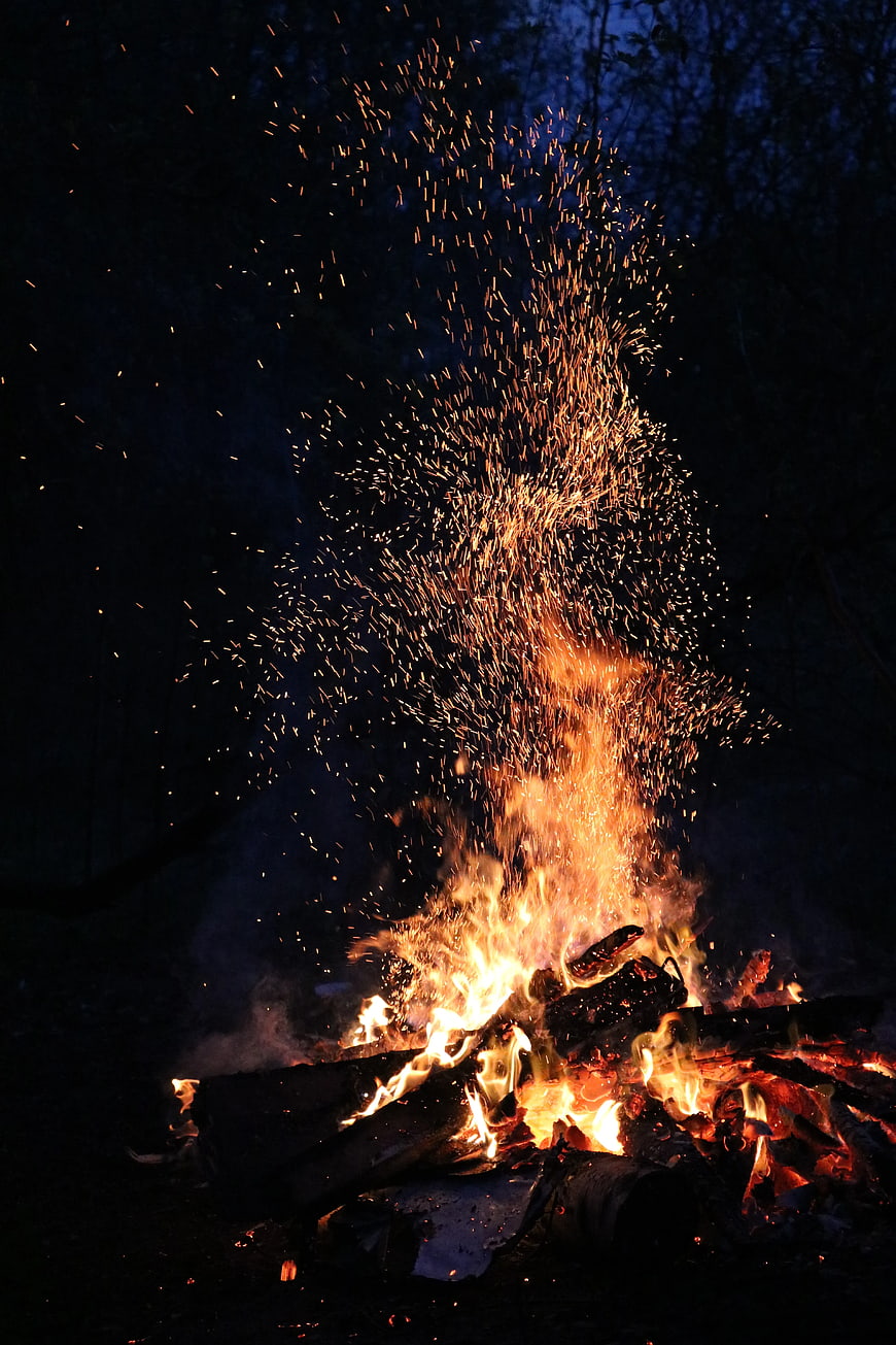 Campfire with Sparks Flying at Night