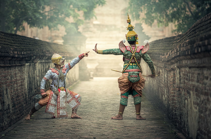 Traditional Thai Khon Masked Dance Performance in Ancient Ruins