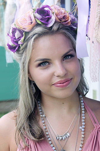 Blonde Woman with Purple Flower Crown and Silver Jewelry