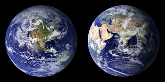 Two views of Planet Earth from space showing continents and oceans