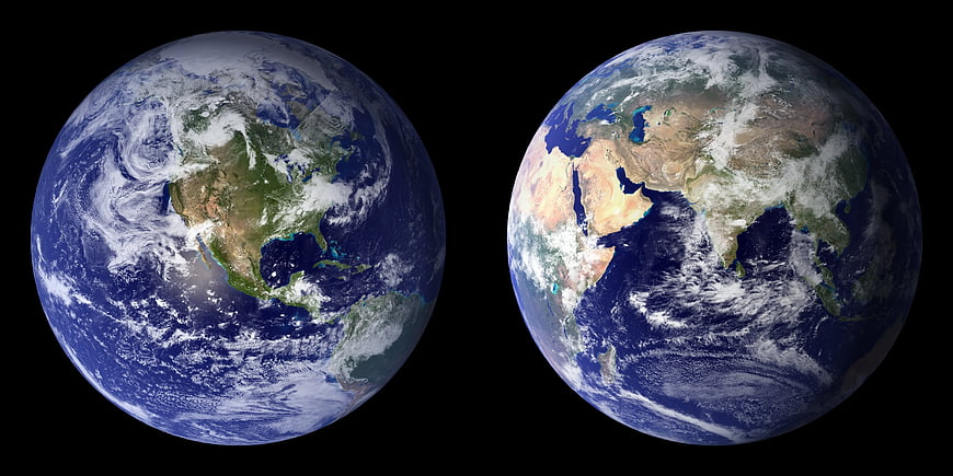 Two views of Planet Earth from space showing continents and oceans