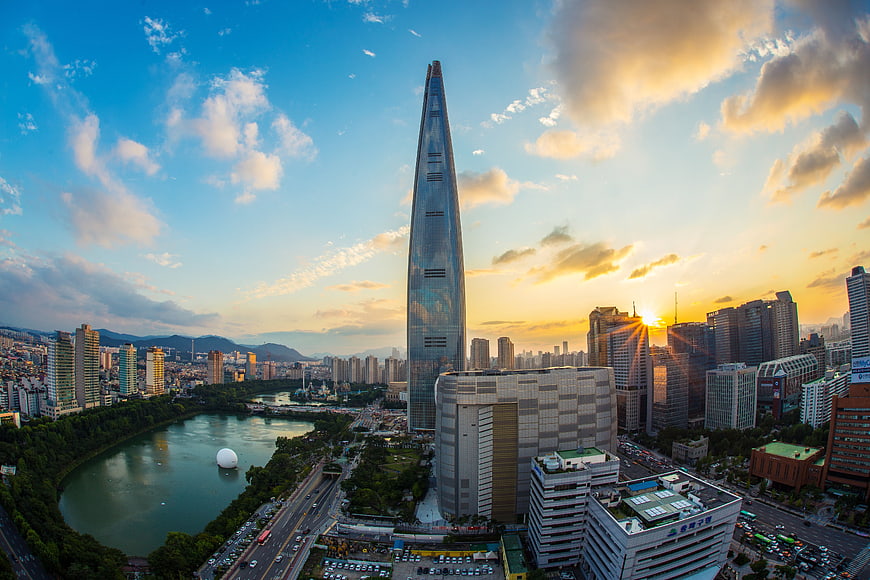 Aerial View of Lotte World Tower at Sunset in Seoul