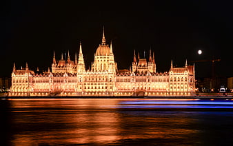 Illuminated Hungarian Parliament Building at Night on Danube