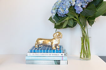 Blue hydrangeas in vase with gold dog figurine on books