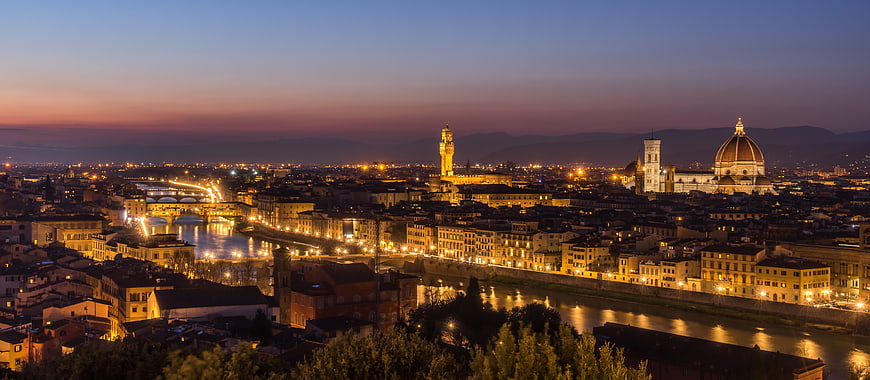 Panoramic Night View of Florence Skyline with Duomo and Ponte Vecchio