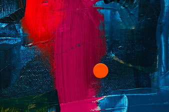 Abstract painting with red and blue brushstrokes and orange circle