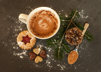 Top View of Hot Chocolate with Christmas Cookies and Pine Branch