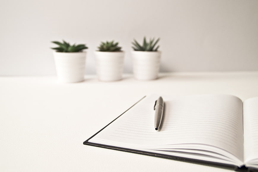 Minimalist white desk with open notebook, pen, and succulents