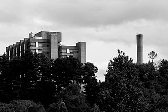 Black and white industrial building with smokestack behind trees