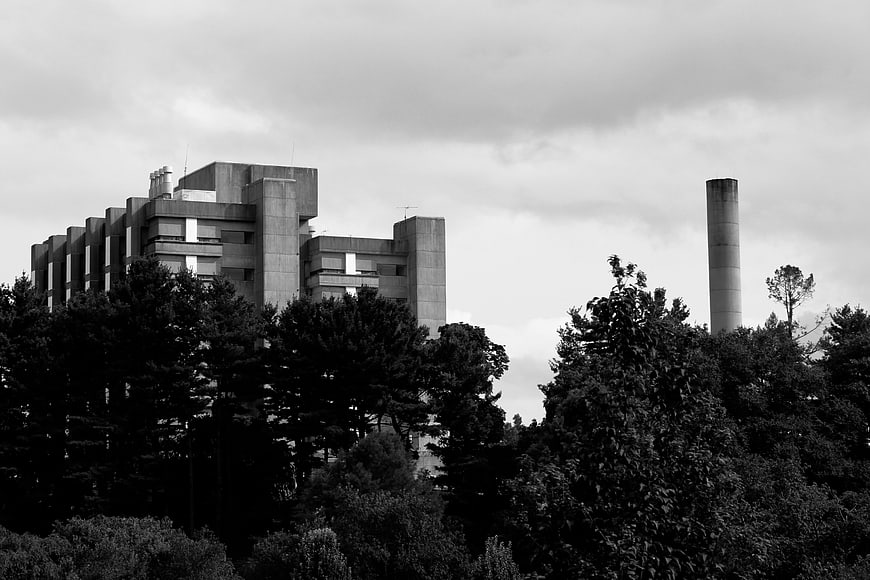 Black and white industrial building with smokestack behind trees