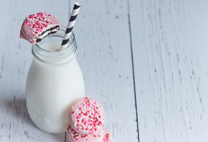 Pink Chocolate Cookies with Sprinkles and Milk Bottle