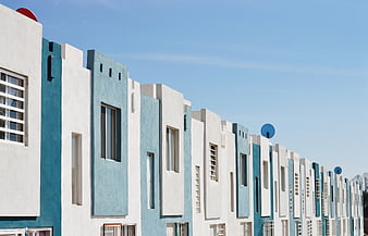 Modern Blue and White Terraced Houses Row