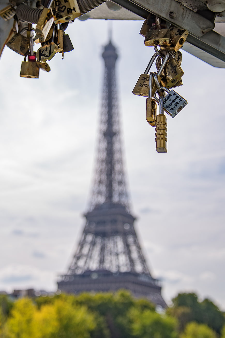 Love Locks on Pont des Arts with Eiffel Tower Background