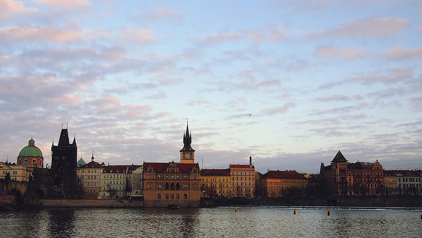 Prague skyline at dusk with Charles Bridge and Vltava River