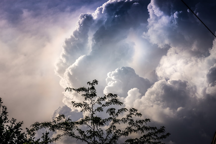Dramatic Storm Clouds with Sunbeams Over Silhouetted Trees