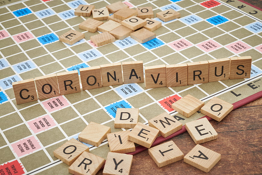 Coronavirus spelled with Scrabble tiles on game board