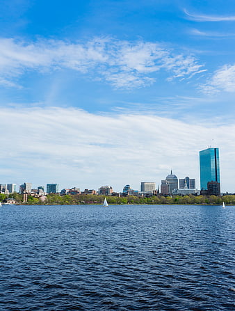 Boston Skyline View Across the Charles River with Sailboats