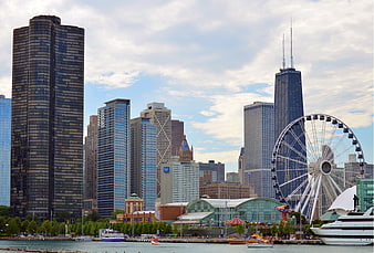 Chicago Skyline with Navy Pier Ferris Wheel and Lake Michigan
