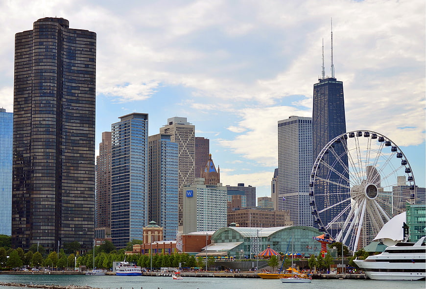 Chicago Skyline with Navy Pier Ferris Wheel and Lake Michigan