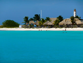 Tropical Beach Resort with Turquoise Water and Thatched Huts