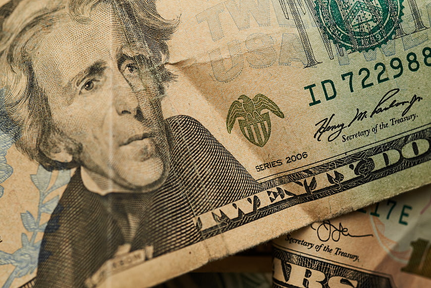 Close-up of worn US twenty dollar bill with Andrew Jackson