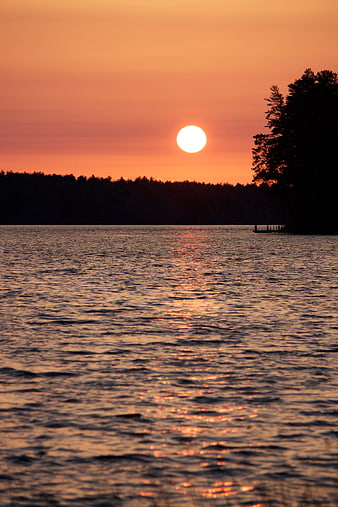 Serene Sunset Over Lake with Silhouetted Trees and Sun Reflection