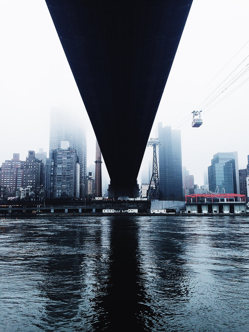 Underneath Manhattan Bridge in Foggy New York City
