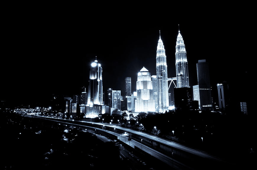 Grayscale Night Skyline of Kuala Lumpur Petronas Towers