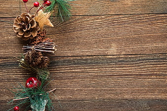 Rustic Christmas Decor on Wooden Background with Copyspace