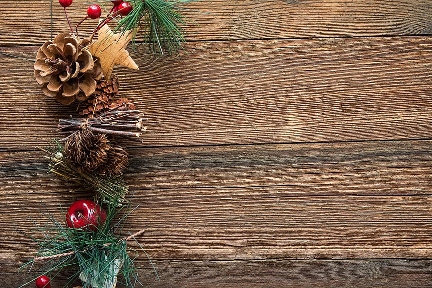Rustic Christmas Decor on Wooden Background with Copyspace