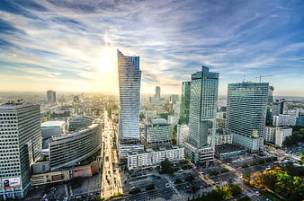 Aerial View of Warsaw City Center Skyscrapers at Sunset