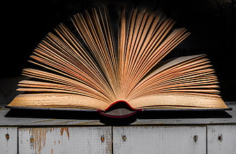 Open Vintage Book with Fanned Pages on Wooden Surface