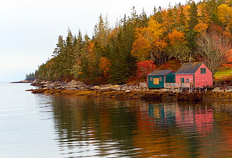 Colorful Boathouses on Rocky Coastline in Autumn