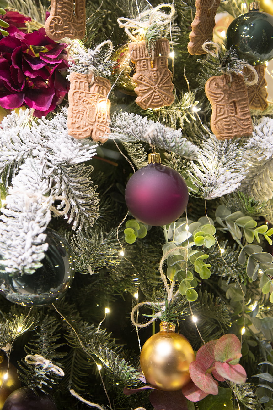 Close-up of Christmas tree with gingerbread cookies and ornaments