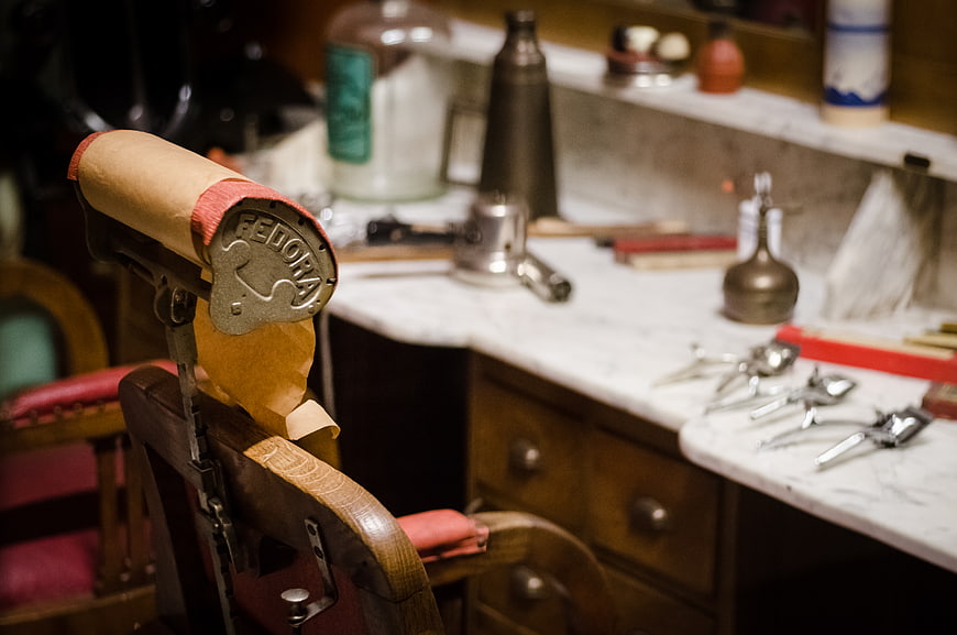 Vintage Barber Shop Tools and Hat Block Detail