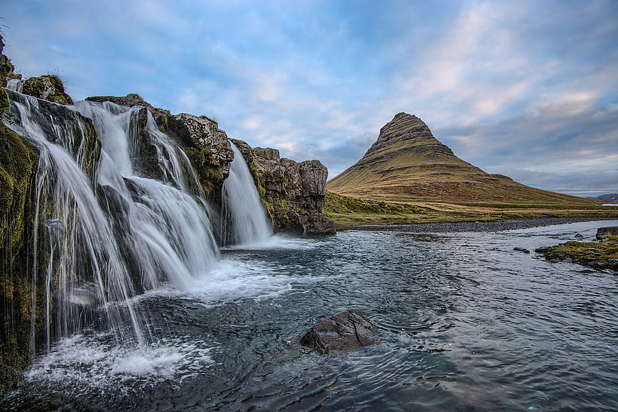 Kirkjufell Mountain and Waterfall Landscape in Iceland