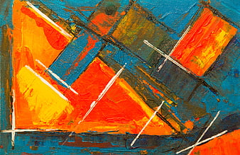 Abstract Acrylic Painting with Vibrant Orange and Blue Brushstrokes