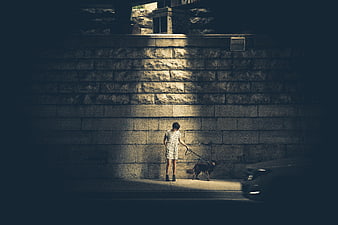 Woman Walking Dog at Night Against Illuminated Stone Wall